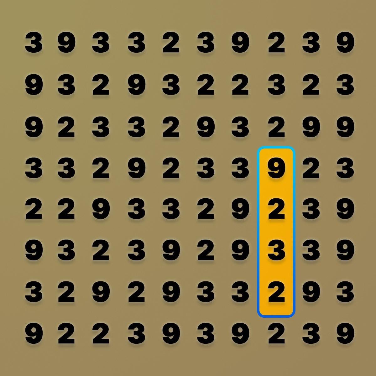 Rozwiązanie zagadki wizualnej - liczba 9232 zaznaczona w trzeciej kolumnie