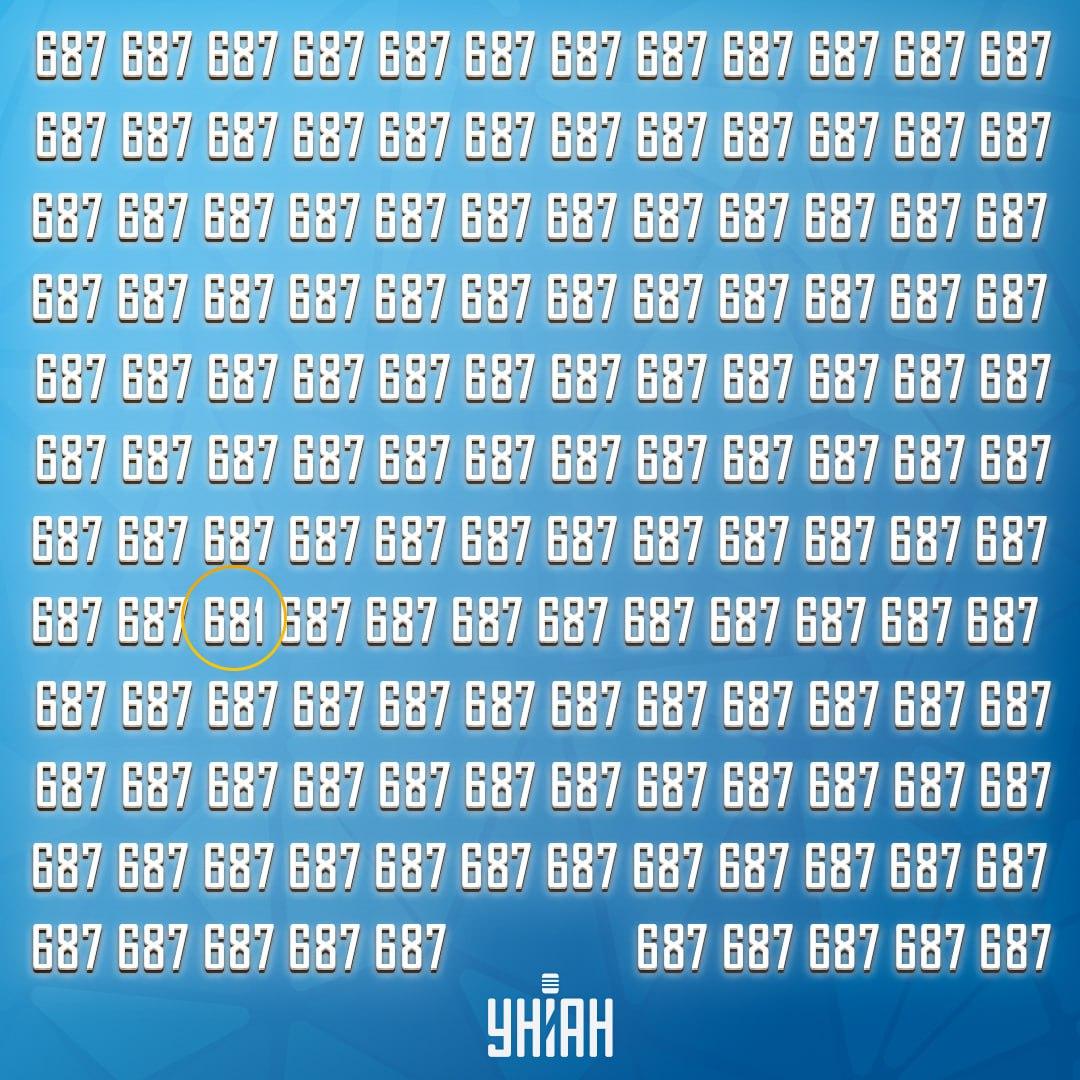 Rozwiązanie łamigłówki: zaznaczona liczba 681 wśród liczb 687