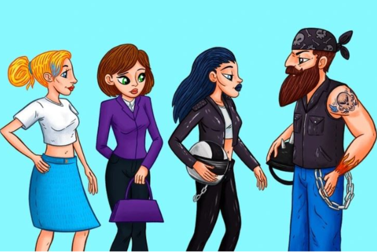 Znajdź żonę motocyklisty w 7 sekund / Rysunek Jasnej Strony Znajdź żonę motocyklisty w 7 sekund / Rysunek Bright Side