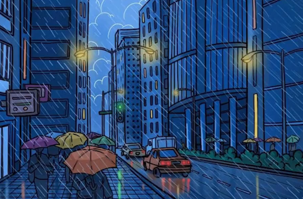 Ilustracja zatłoczonej, deszczowej ulicy z wieloma osobami trzymającymi kolorowe parasole. Wśród nich ukryty jest jeden, konkretny parasol do znalezienia.